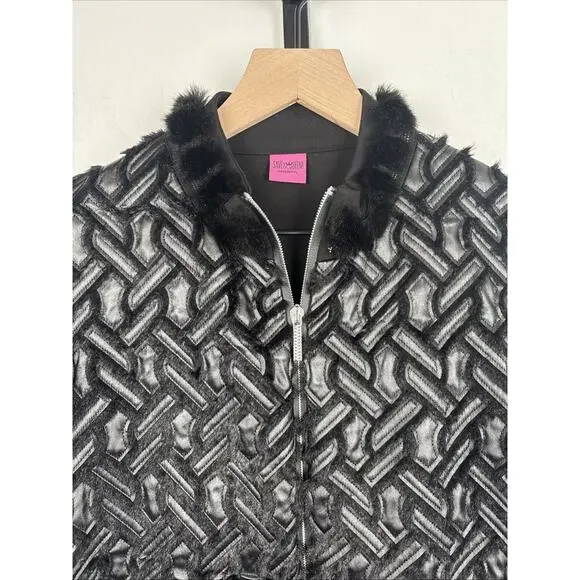 Save the Queen Italy Faux Leather Jacket Womens Medium Black Faux Fur Geometric - Picture 3 of 13